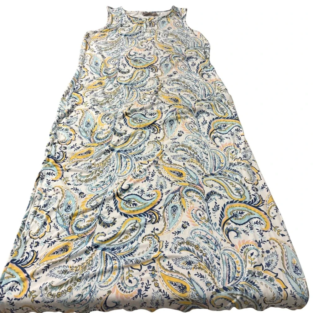 Chicos Sleeveless Paisley Maxi Dress Blue Yellow White Keyhole Size 3 Large XL